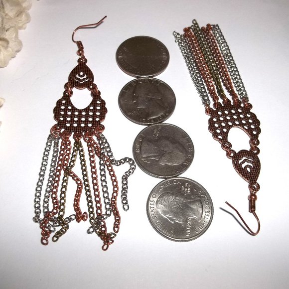 Mixed Metal Chandelier Earrings Chain Copper Silver Bronze Dangle Drop Set C221 - Picture 4 of 5